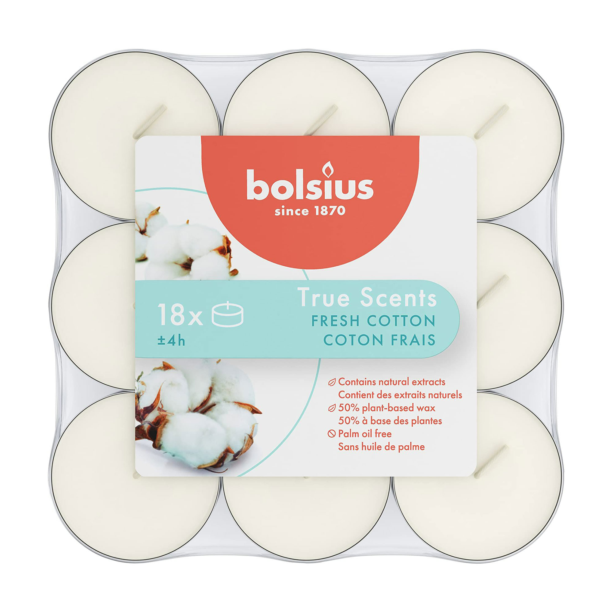 Набір чайних свічок Bolsius True Scents 4h Fresh Cotton, 18 шт